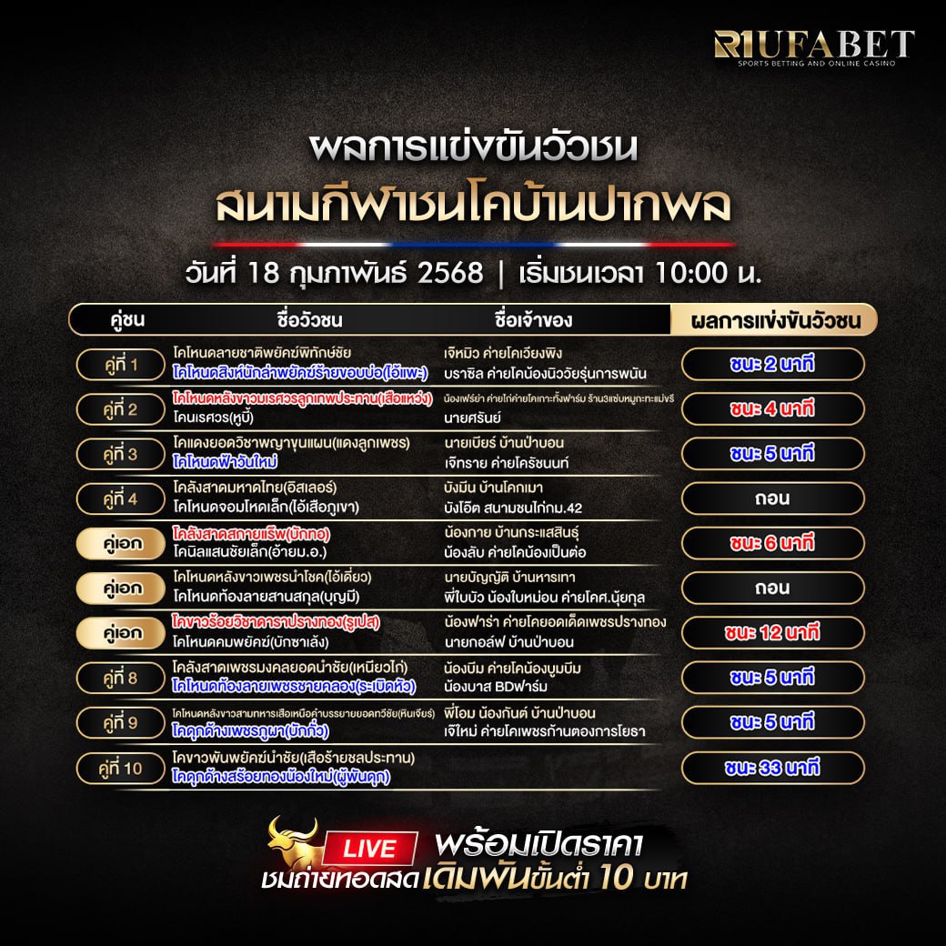 ผลแข่งขันวัวชน 18-02-68