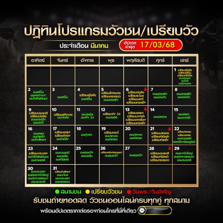 ปฏิทินโปรแกรมวัวชน/เปรียบวัว 17/03/68