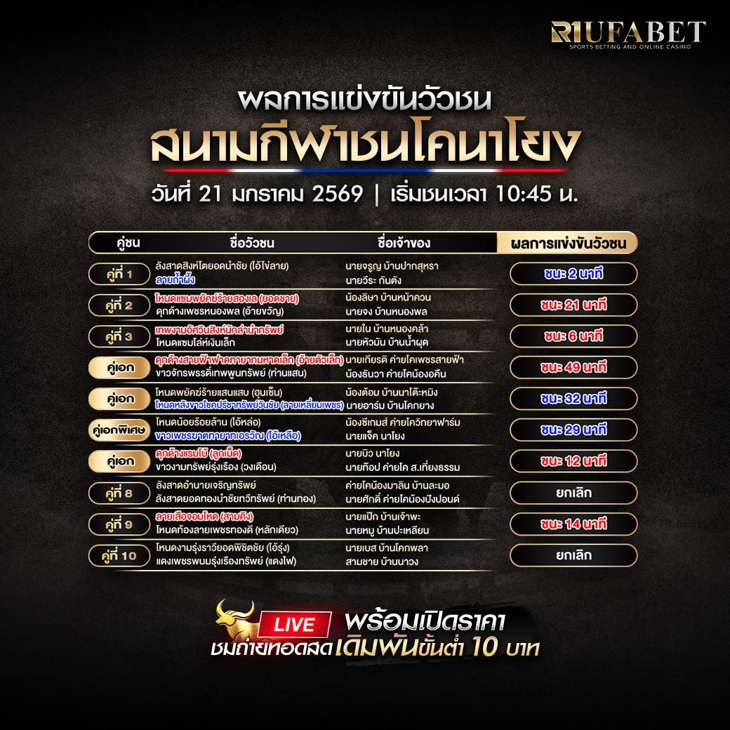 ผลการแข่งขันวัวชน21-01-69 สนามกีฬาชนโคนาโยง