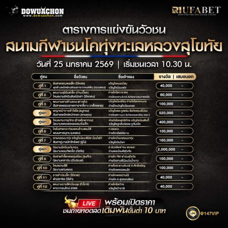 ตารางวัวชน25-01-69 สนามกีฬาชนโคทุ่งทะเลหลวงสุโขทัย