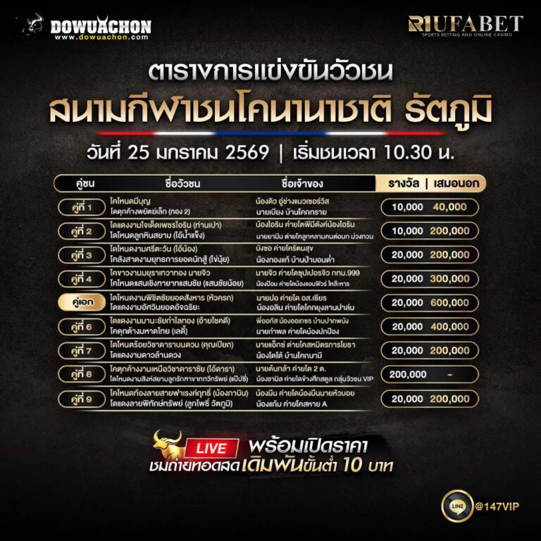 ตารางวัวชน 25-01-69 สนามกีฬาชนโคนานาชาติ รัตภูมิ