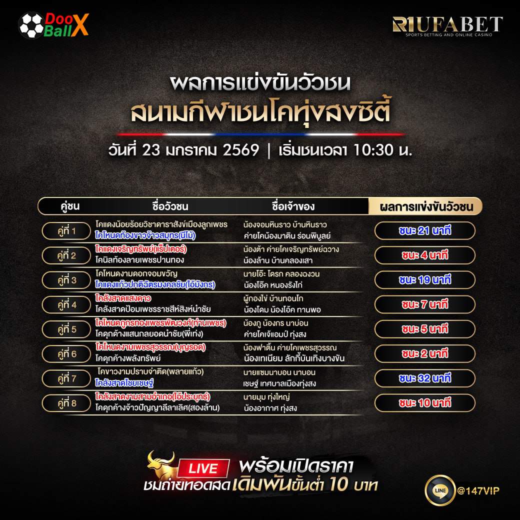 ผลการแข่งขันวัวชน23-01-69 สนามกีฬาชนโคทุ่งสงซิตี้