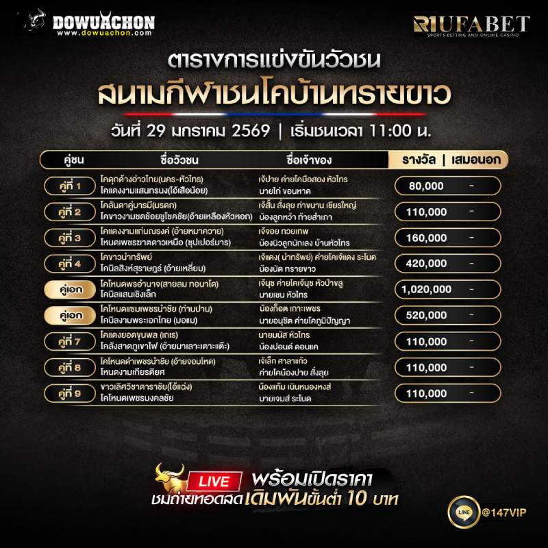 ตารางวัวชน29-01-69 สนามกีฬาชนโคบ้านหนองบัวใหญ่