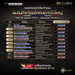 ผลการแข่งขันวัวชน 28-1-69 สนามกีฬาชนโคหนองบัวใหญ่