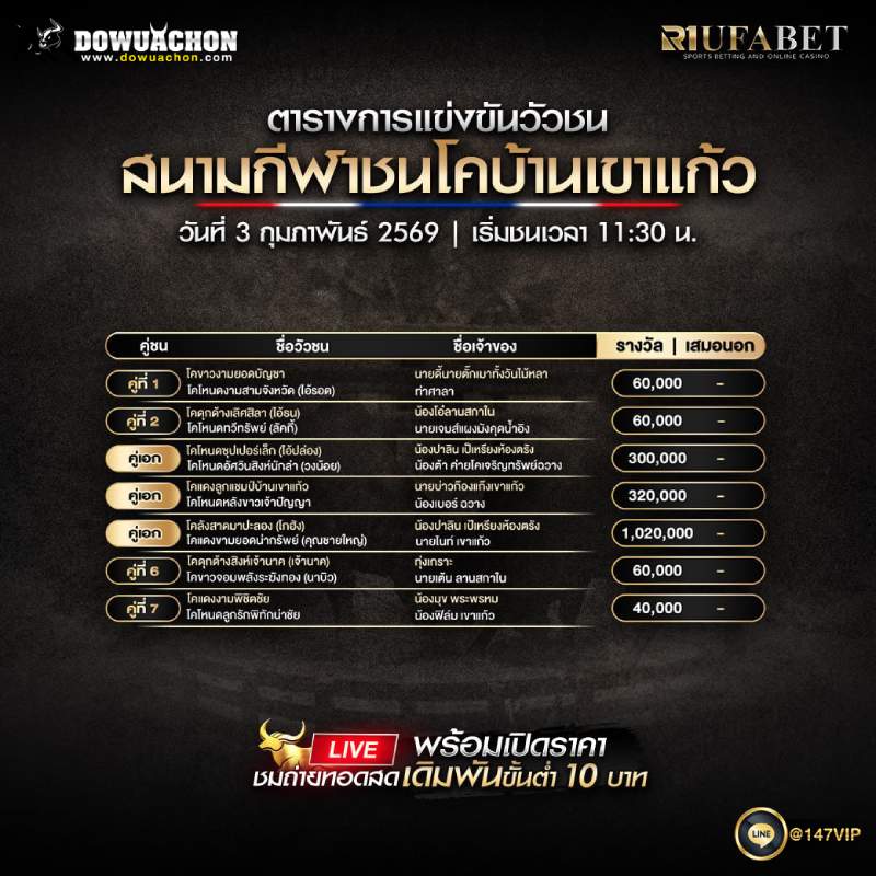 ตารางวัวชน03-02-69 นามกีฬาชนโคบ้านเขาแก้ว