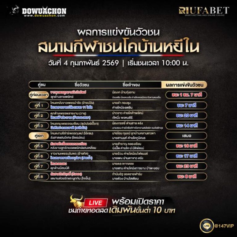 ผลการแข่งขันวัวชน 04-02-69 สนามกีฬาชนโคบ้านหยีใน