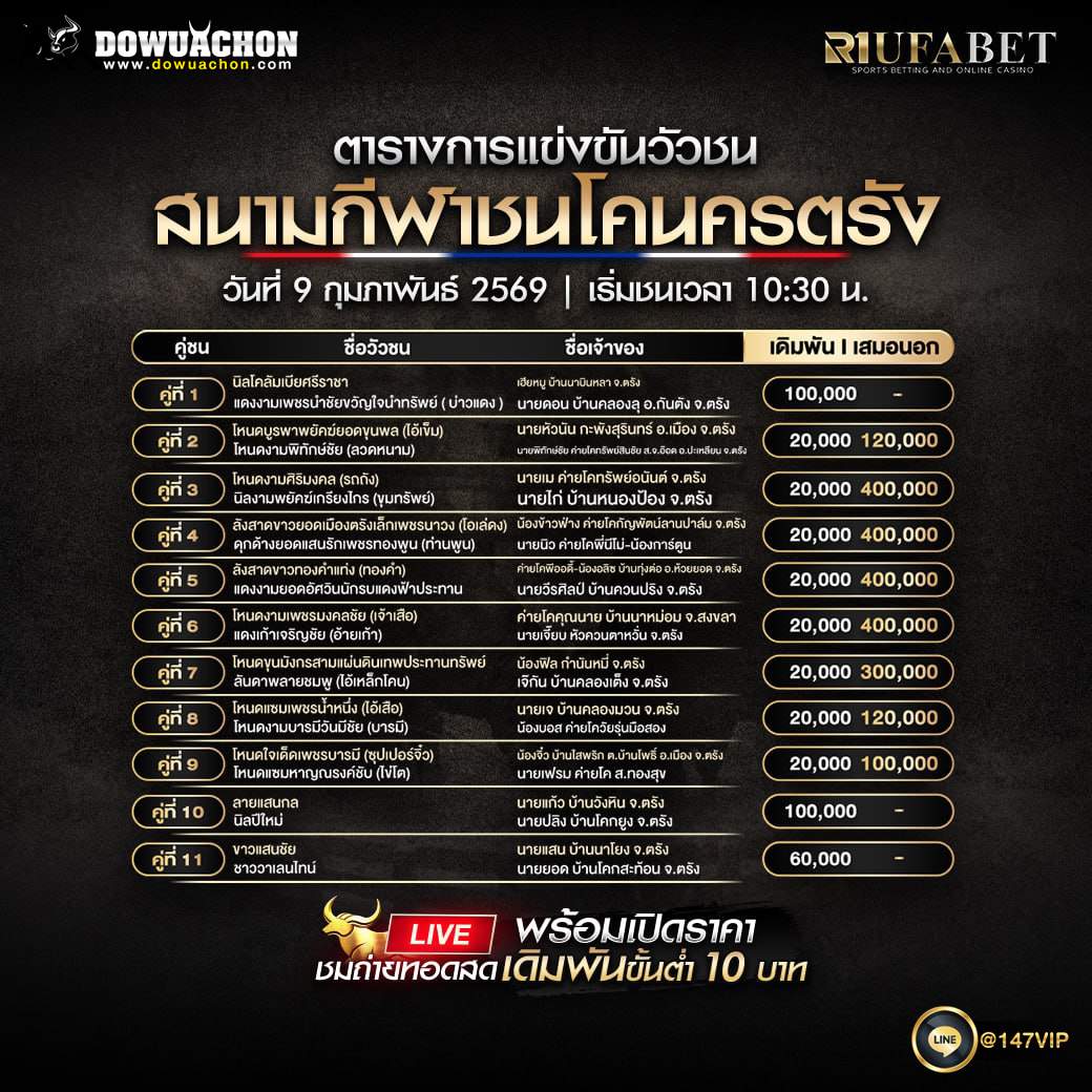 ตารางวัวชน9-02-69 สนามกีฬาชนโคนครตรัง