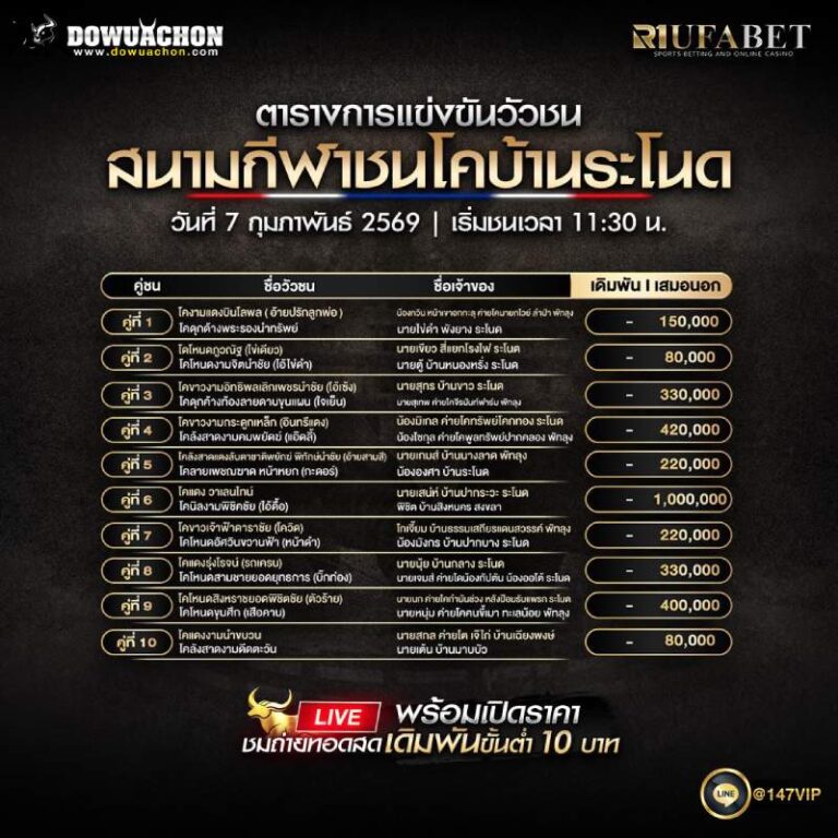 ตารางวัวชน7-02-69 สนามกีฬาชนโคบ้านระโนด