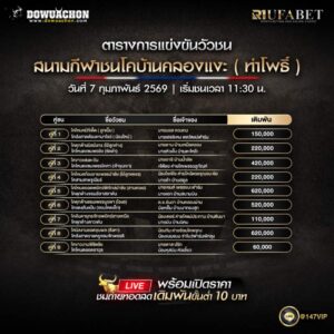 ตารางวัวชน 07-02-69 สนามกีฬาชนโคบ้านคลองแงะ ( ท่าโพธิ์)