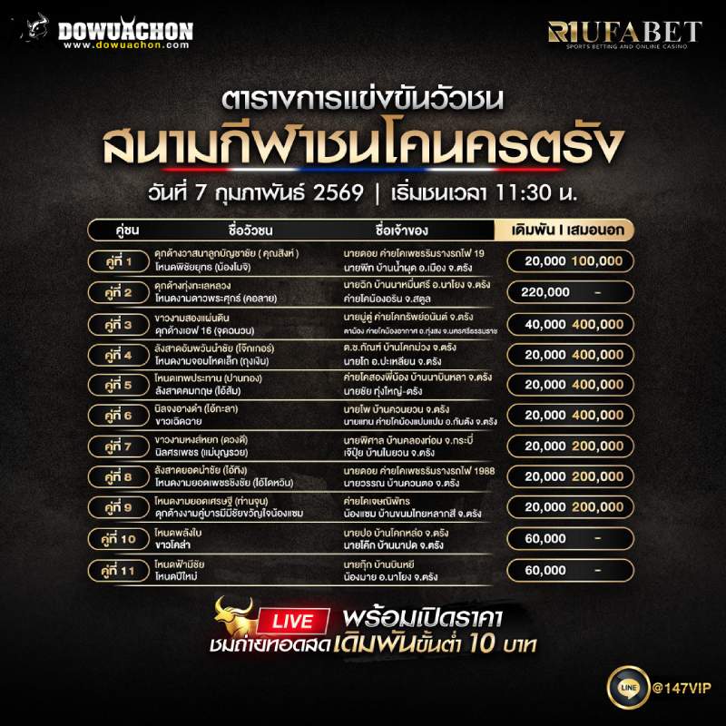 ตารางวัวชน07-02-69 สนามกีฬาชนโคนครตรัง