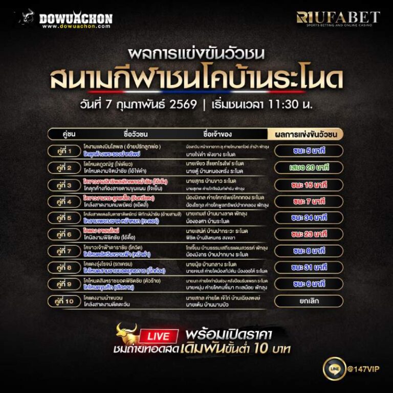 ผลการแข่งขันวัวชน 07-02-69 สนามกีฬาชนโคบ้านระโนด
