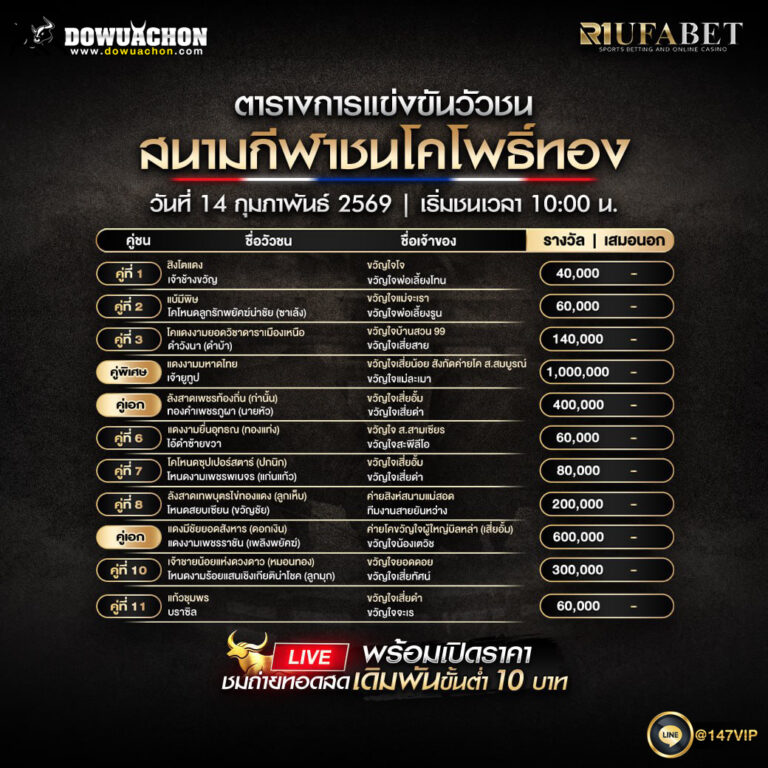 ตารางวัวชน14-2-69 สนามกีฬาชนโคโพธิ์ทอง