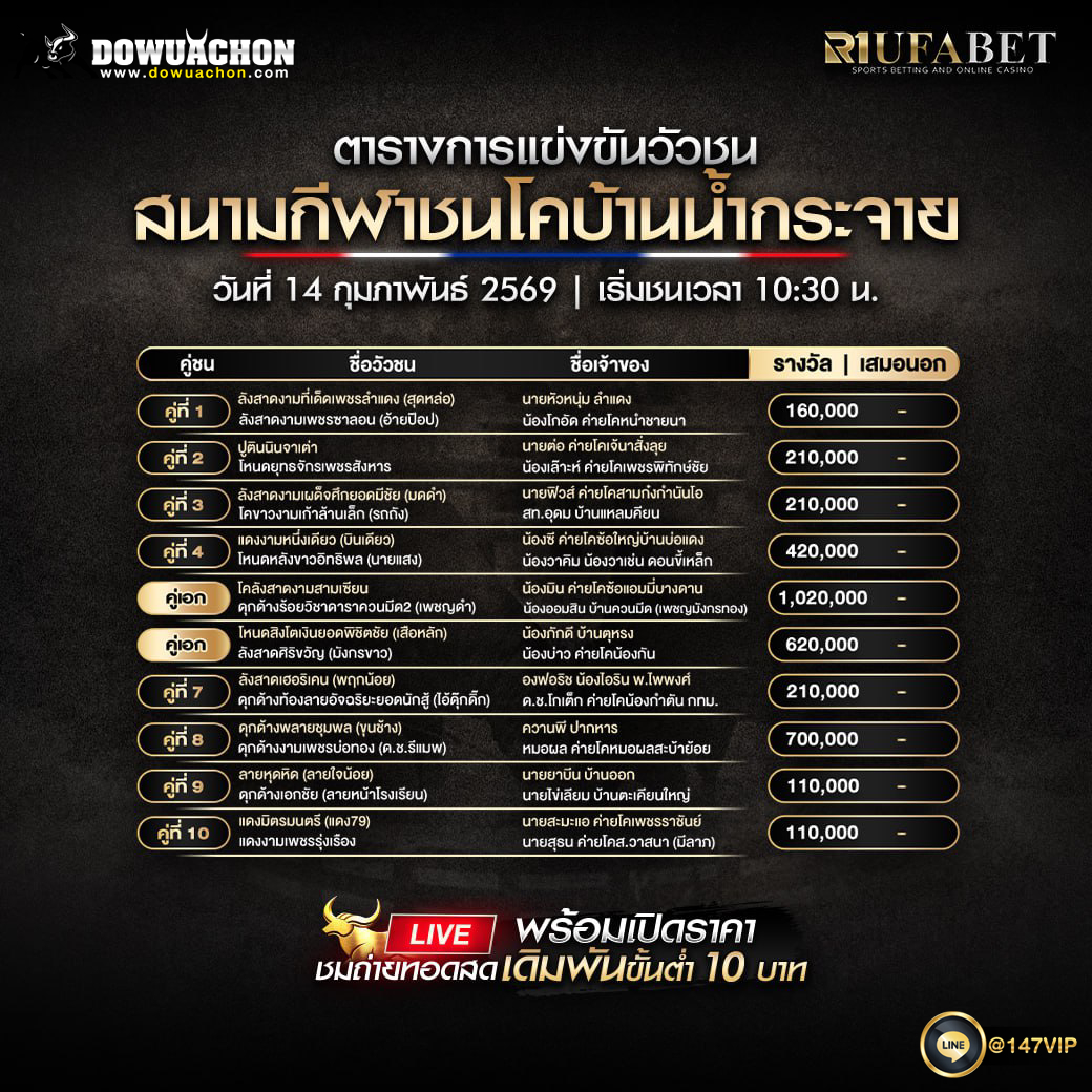 ตารางวัวชน 14-2-69 สนามกีฬาชนโคบ้านน้ำกระจาย