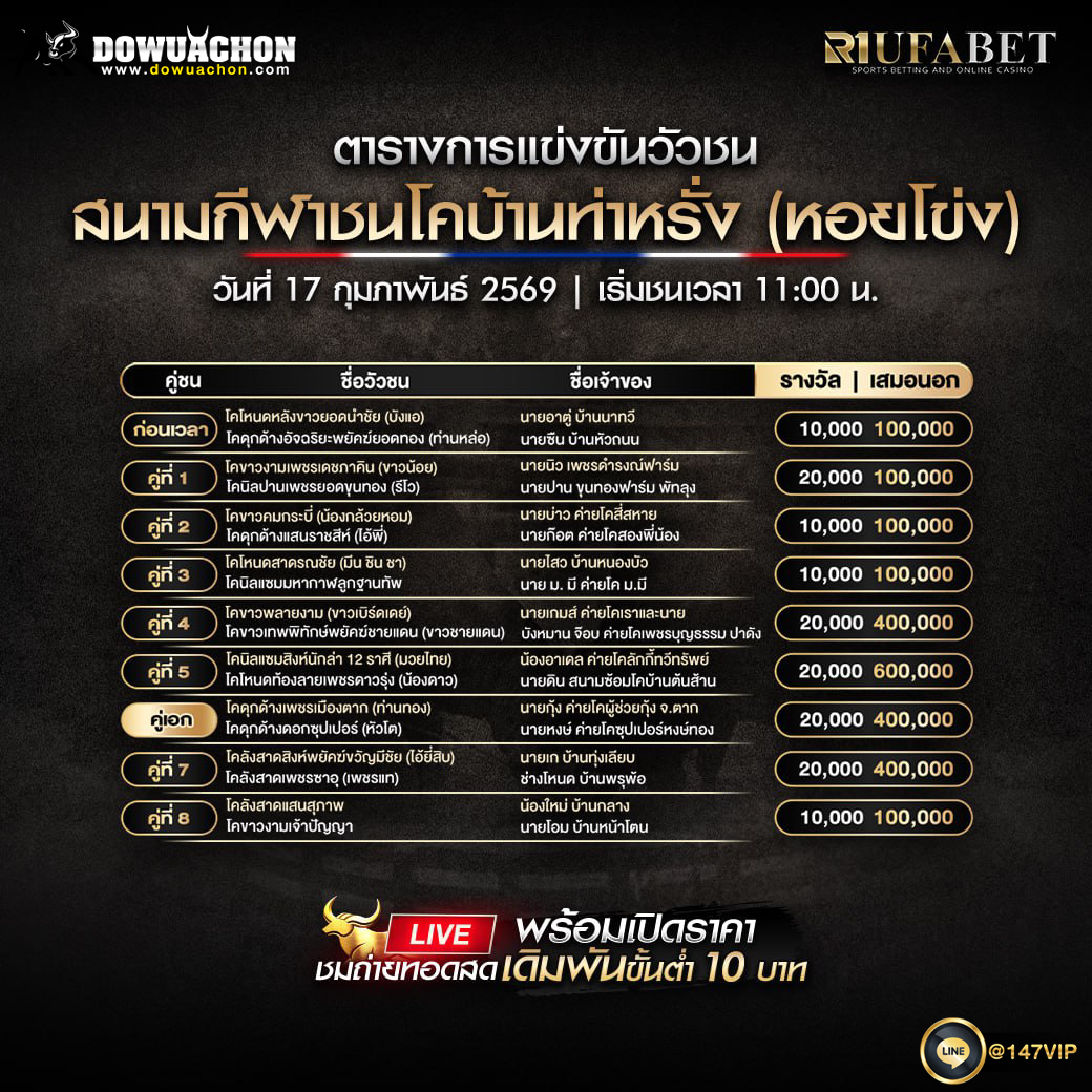 ตารางวัวชน17-2-69 สนามกีฬาชนโคบ้านท่าหรั่ง (หอยโข่ง)