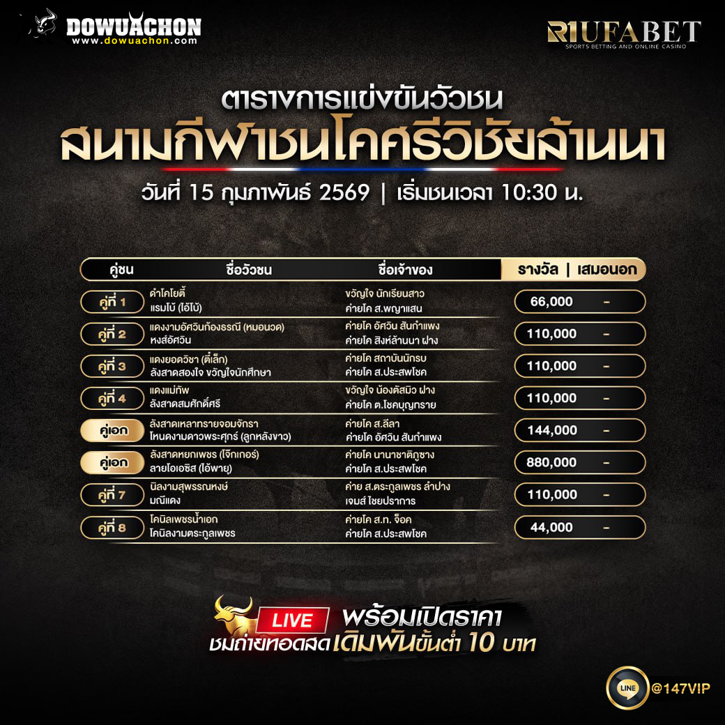 ตารางวัวชน 15-02-69 สนามกีฬาชนโคศรีวิชัยล้านนา