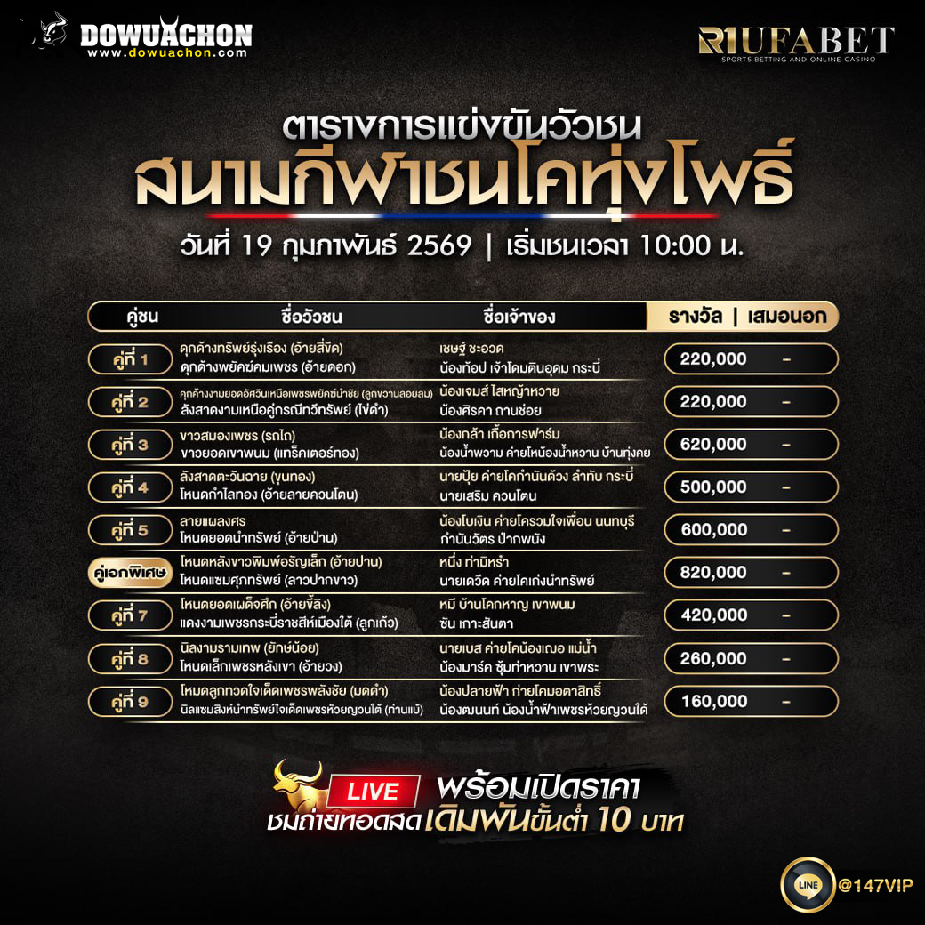 ตารางวัวชน18-2-69 สนามกีฬาชนโคทุ่งโพธิ์