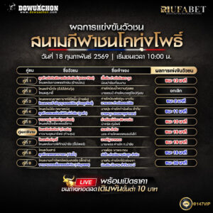 ผลการแข่งขันวัวชน 18-02-69 สนามกีฬาชนโคทุ่งโพธิ์