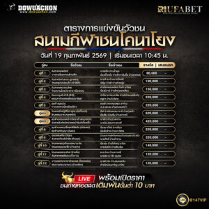 ตารางวัวชน 19-2-69 สนามกีฬาชนโคนาโยง
