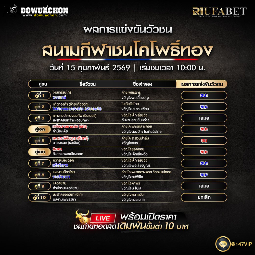 ผลการแข่งขันวัวชน15-02-69 สนามกีฬาชนโคโพธิ์ทอง