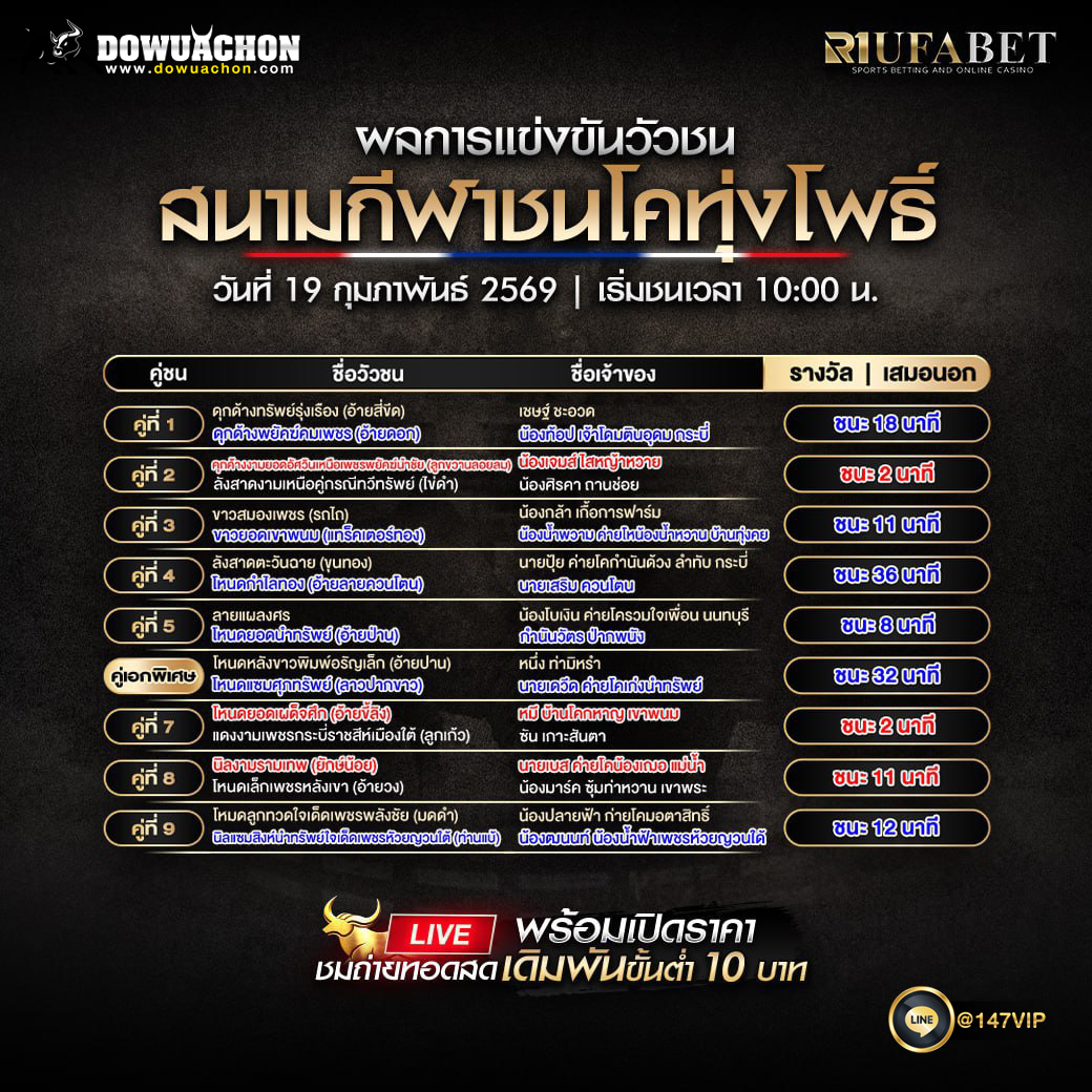 ผลการแข่งขันวัวชน 19-02-69 สนามกีฬาชนโคทุ่งโพธิ์