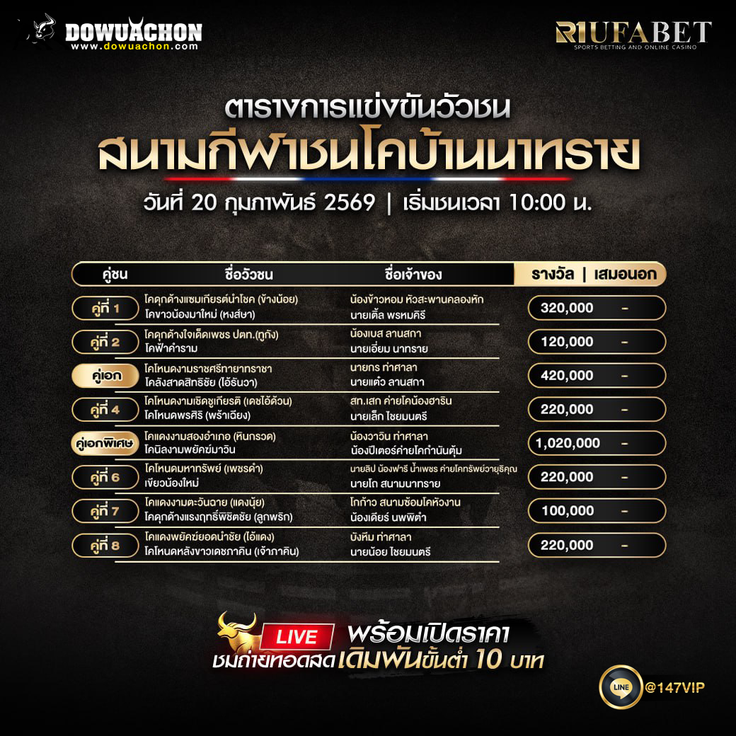 ตารางวัวชน 20-2-69 สนามกีฬาชนโคบ้านนาทราย