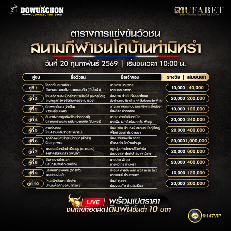 ตารางวัวชน 20-2-69 สนามกีฬาชนโคบ้านท่ามิหรำ