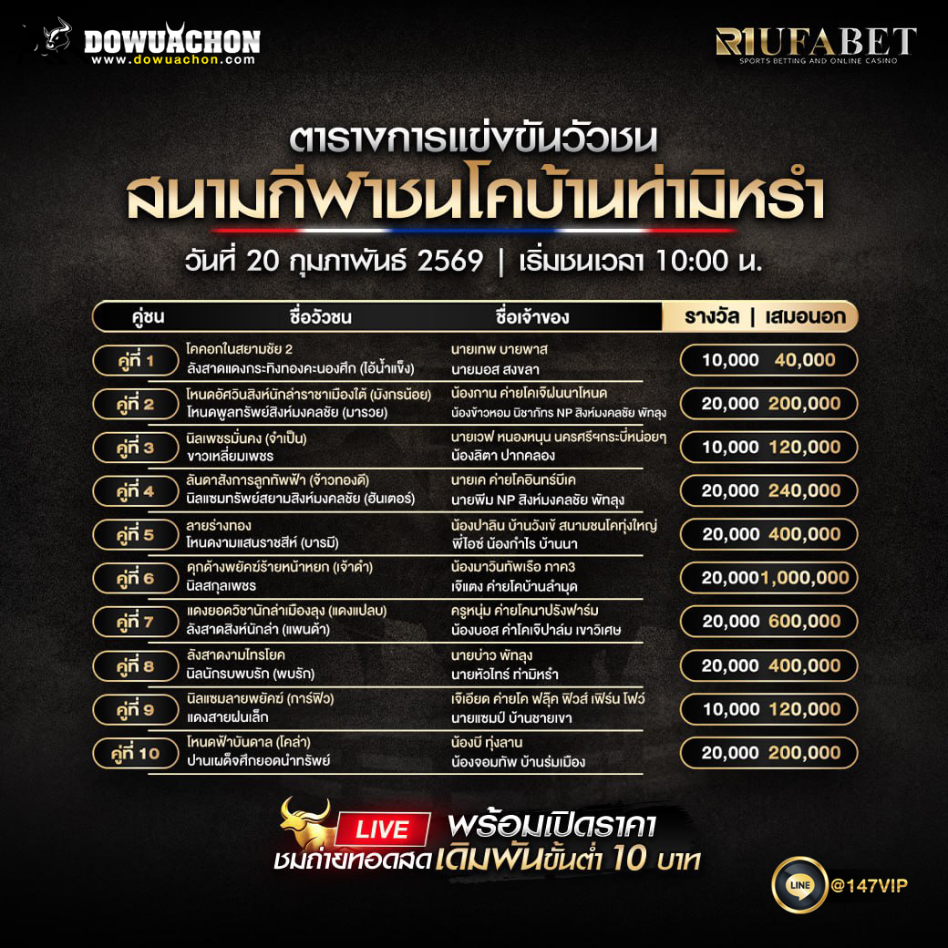 ตารางวัวชน 20-2-69 สนามกีฬาชนโคบ้านท่ามิหรำ