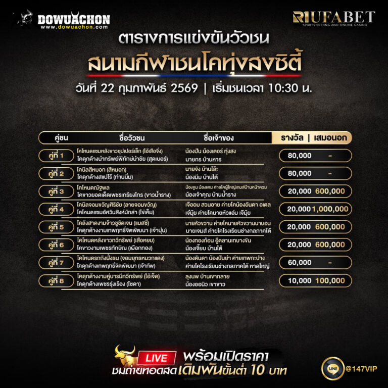 ตารางวัวชน22-2-69 สนามกีฬาชนโคทุ่งสงซิตี้