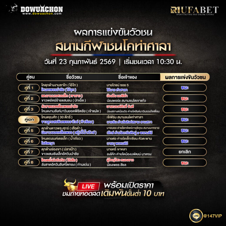 สรุปผลการแข่งขันวัวชน สนามกีฬาชนโคท่าศาลา