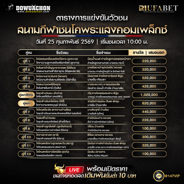ตารางวัวชน 25-02-69 สนามกีฬาชนโคพระแสงคอมเพล็กซ์