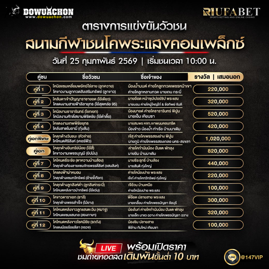 ตารางวัวชน 25-02-69 สนามกีฬาชนโคพระแสงคอมเพล็กซ์