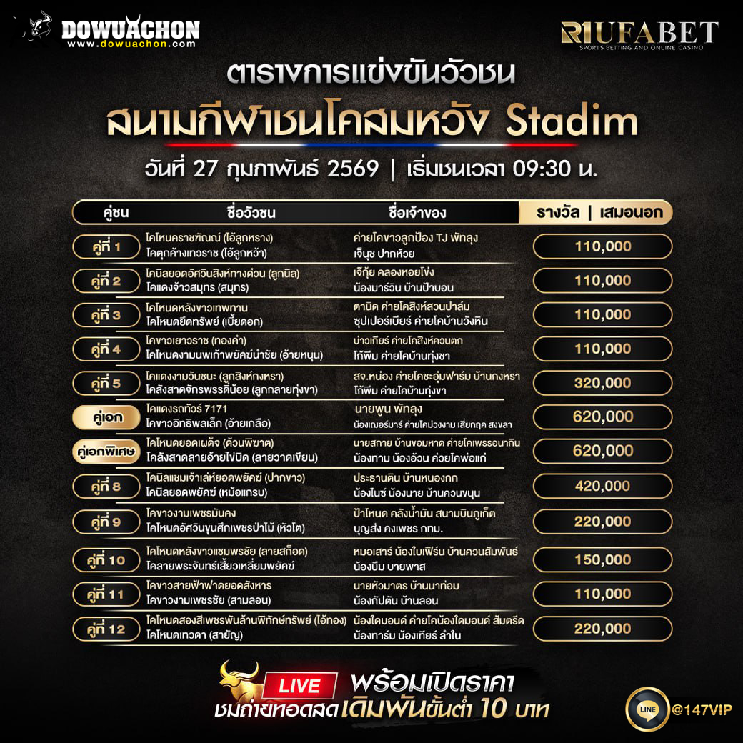 ตารางวัวชน27-2-69 สนามกีฬาชนโคสมหวัง