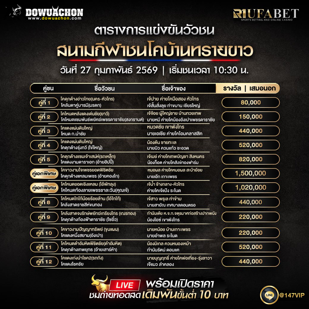 ตารางวัวชน 27-02-69 สนามกีฬาชนโคบ้านทรายขาว