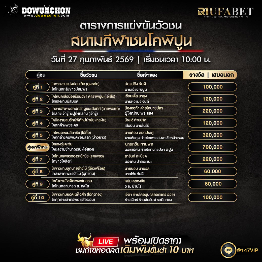 ตารางวัวชน 27-2-69 สนามกีฬาชนโคพิปูน