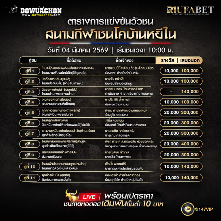 ตารางวัวชน 03-03-69 สนามกีฬาชนโคบ้านหยีใน