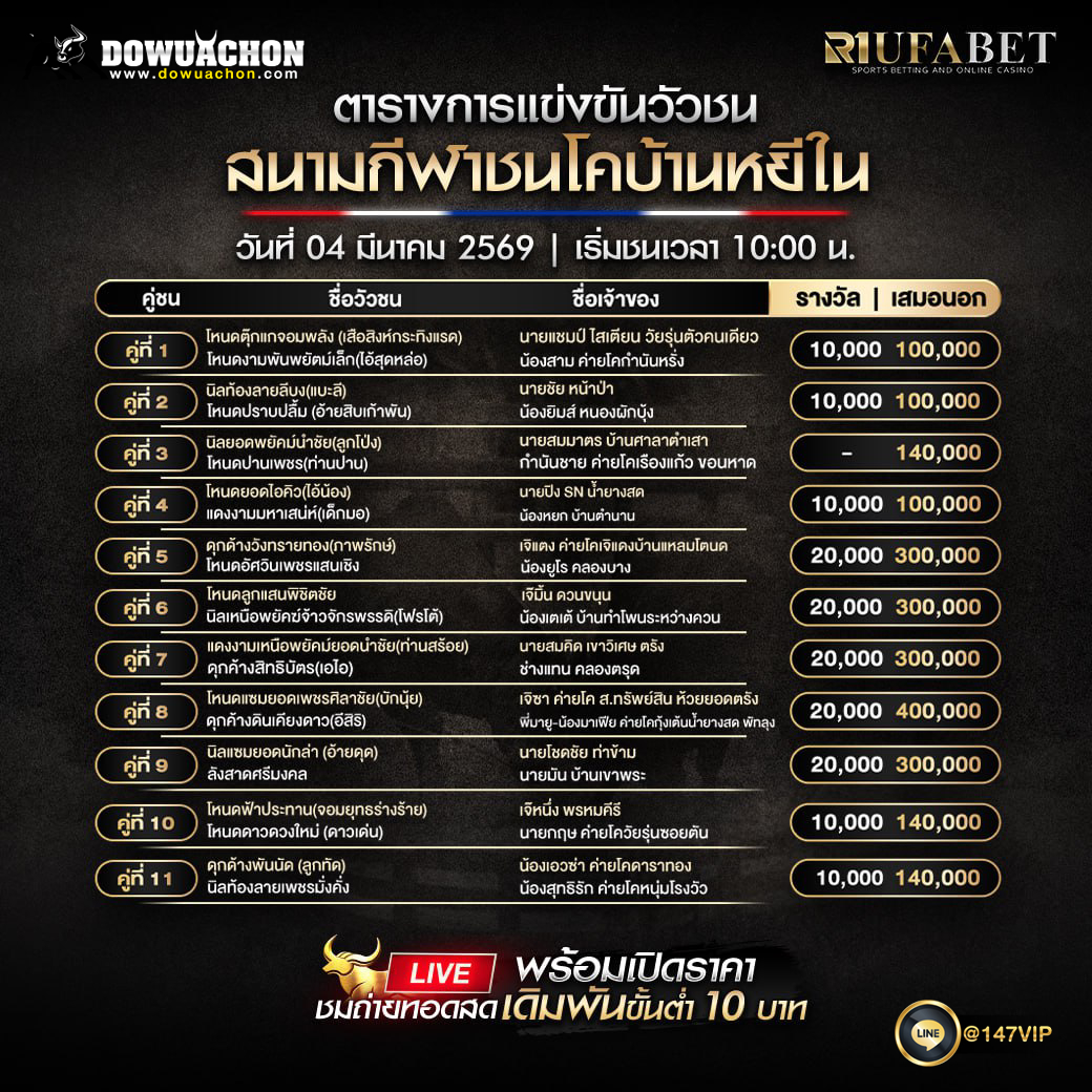 ตารางวัวชน 02-03-69 สนามกีฬาชนโคบ้านหยีใน