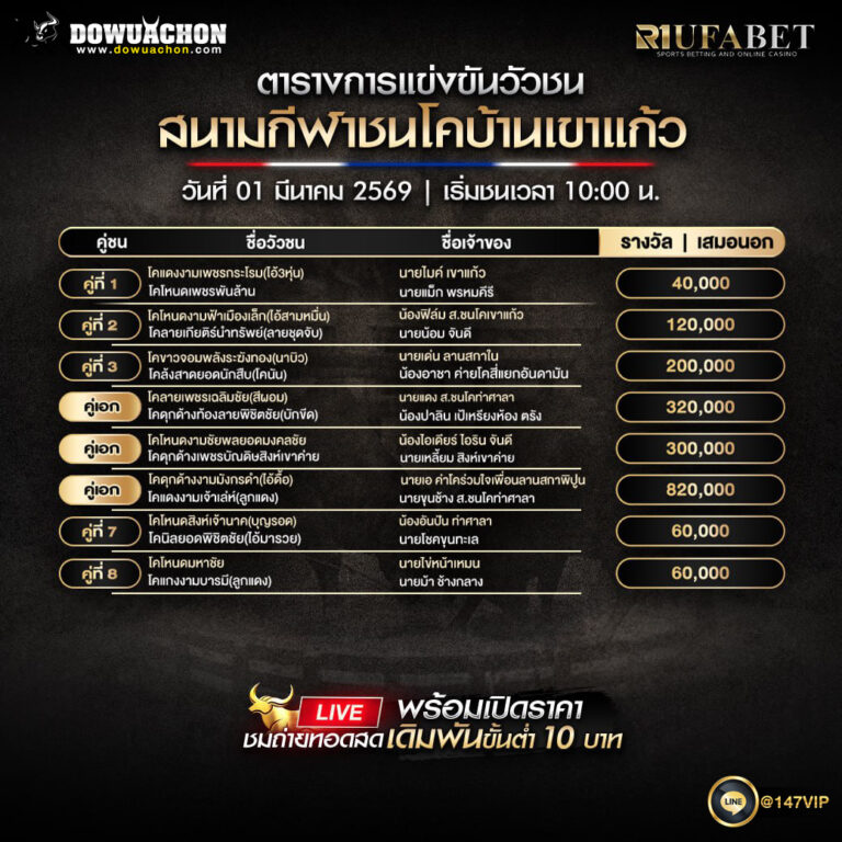 ตารางวัวชน01-03-69 สนามกีฬาชนโคบ้านเขาแก้ว