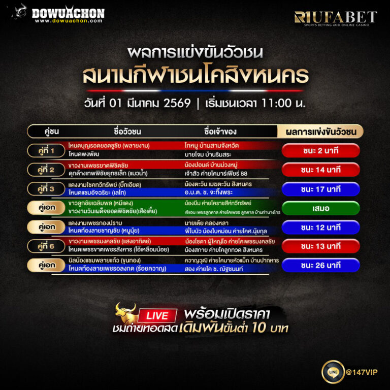 ผลการแข่งขันวัวชน01-03-69 สนามกีฬาชนโคสิงหนคร