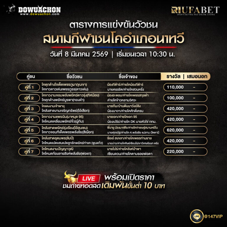 ตารางวัวชน08-03-69 สนามกีฬาชนโคอำเภอนาทวี