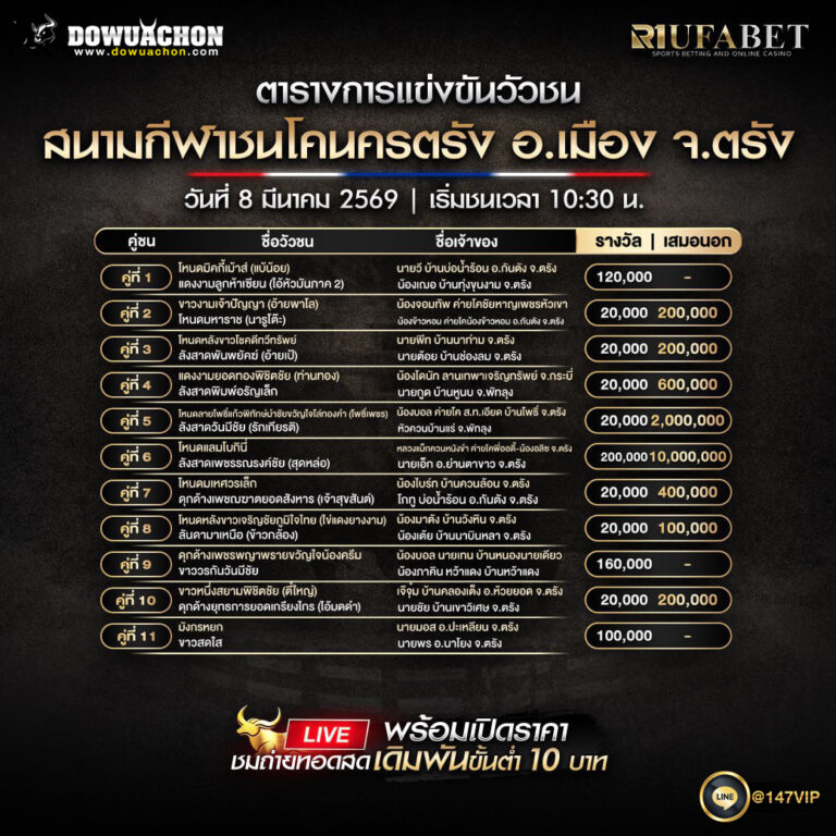 ตารางวัวชน 08-03-69 สนามกีฬาชนโคนครตรัง อ.เมือง จ.ตรัง
