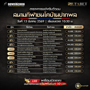 ตารางวัวชน 13-03-69 สนามกีฬาชนโคบ้านปากพล