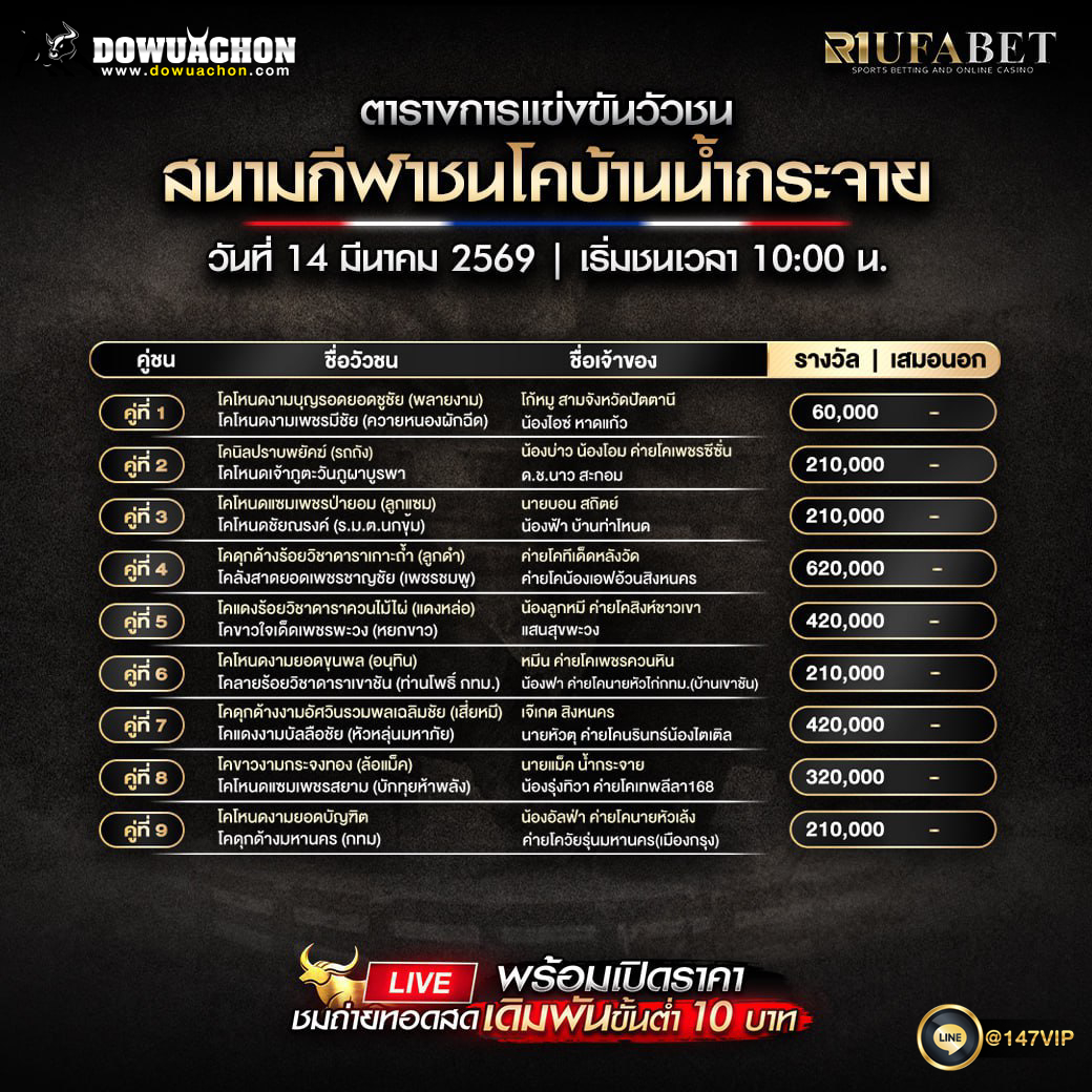 ตารางวัวชน 14-03-69 สนามกีฬาชนโคบ้านน้ำกระจาย