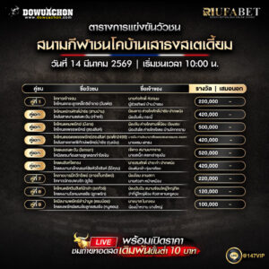 ตารางวัวชน14-03-69 สนามกีฬาชนโคบ้านเสาธงสเตเดี้ยม