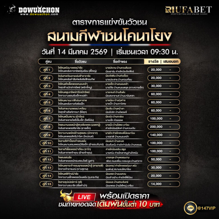 ตารางวัวชน 14-3-69 สนามกีฬาชนโคนาโยง