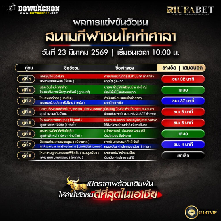 ผลการแข่งขันวัวชน 23-3-69 สนามกีฬาชนโคท่าศาลา