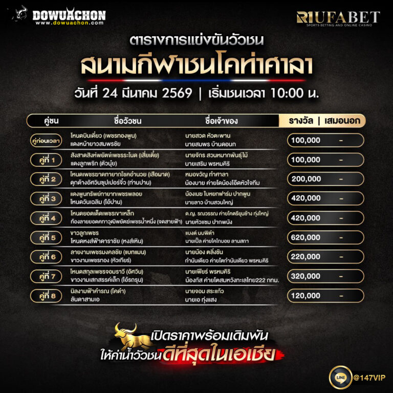 ตารางวัวชน 24-3-69 สนามกีฬาชนโคท่าศาลา
