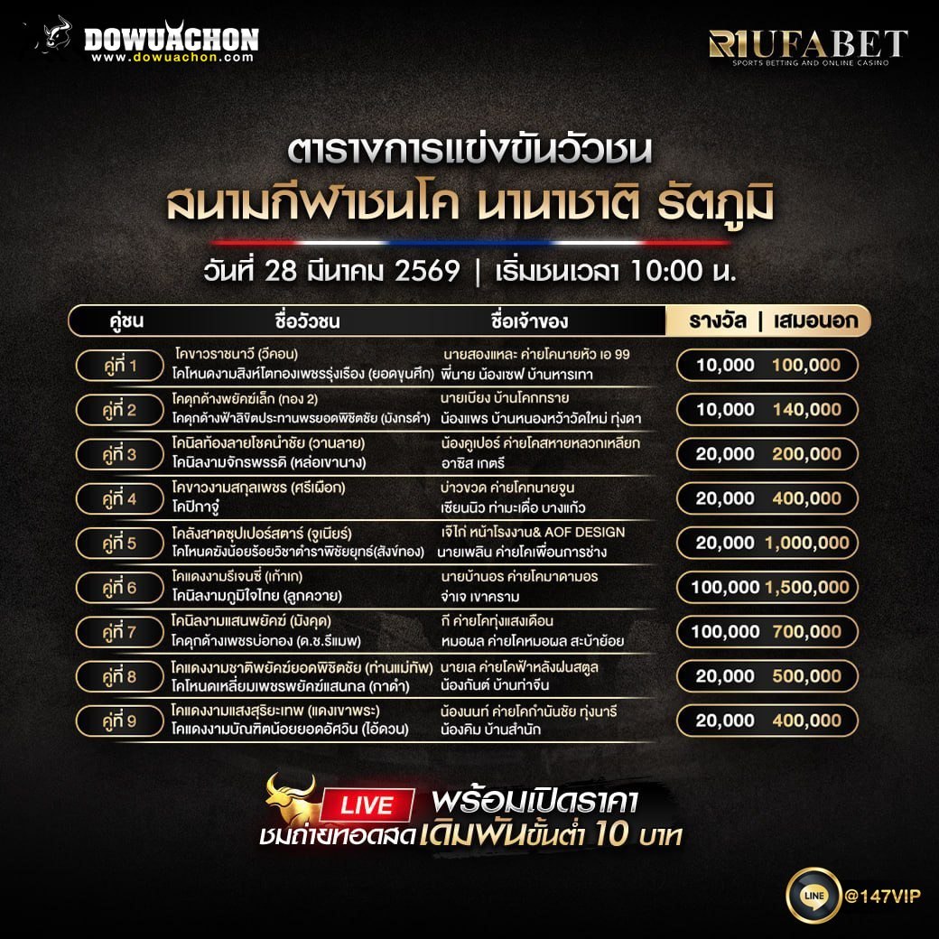 ตารางวัวชน28-3-69 สนามกีฬาชนโค นานาชาติ รัตภูมิ