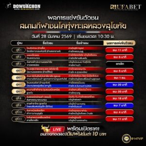ผลการแข่งขันวัวชน 28-03-69 สนามกีฬาชนโคทุ่งทะเลหลวงสุโขทัย