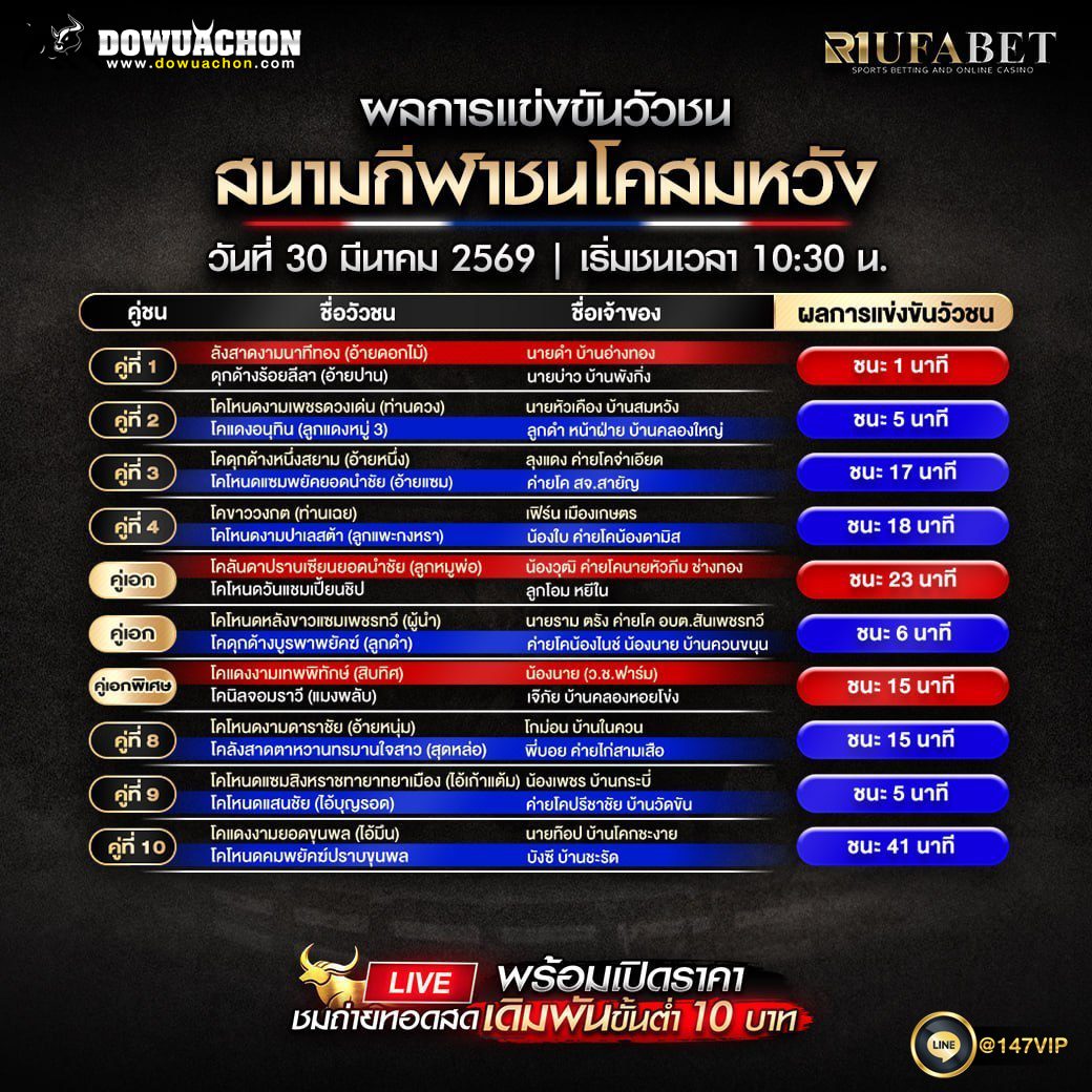 ผลการแข่งขันวัวชน 30-03-69 สนามกีฬาชนโคสมหวัง