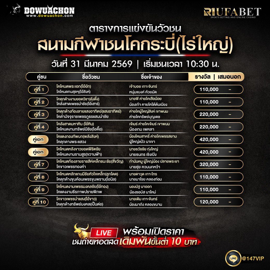 ตารางวัวชน 31-03-69 สนามกีฬาชนโคกระบี่(ไร่ใหญ่)